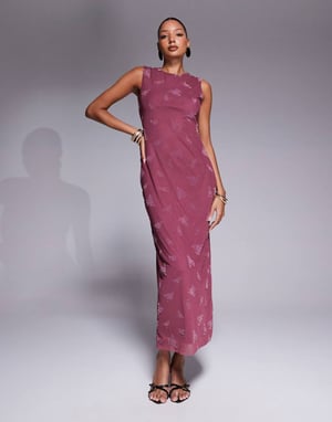 ASOS DESIGN maxi burnout blommig klänning med hög hals i dämpad rosa