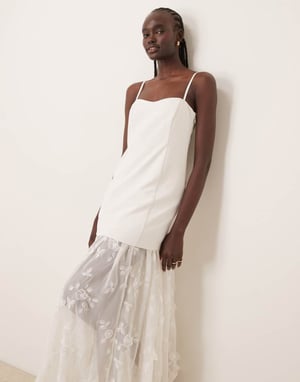 Abercrombie & Fitch brudskjol i genomskinligt tyg med applikationer av spets, maxi-klänning i off white