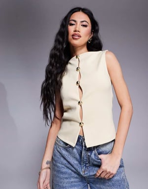 ASOS DESIGN gold hardware interlock waistcoat co ord in buttermilk