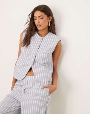 ASOS DESIGN boxy cutaway waistcoat with linen co-ord in blue and white stripe