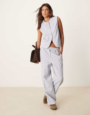 ASOS DESIGN boxy cutaway waistcoat with linen co-ord in blue and white stripe