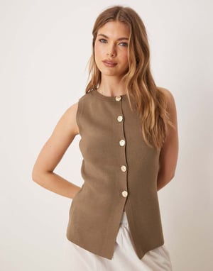 ASOS DESIGN knitted crew neck structured waistcoat with gold buttons in mocha