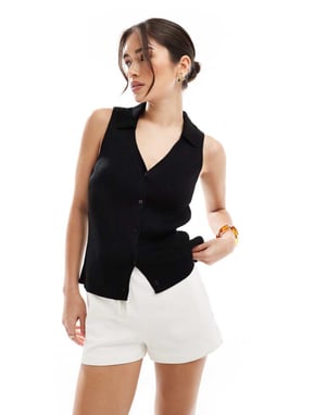 ASOS DESIGN ribbed collared knitted top in black