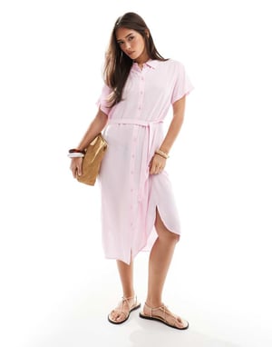 Vero Moda skjortmidiklänning med knytbälte i rosa