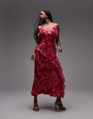 Topshop volang midi slipklänning i rosa abstrakt blommönster