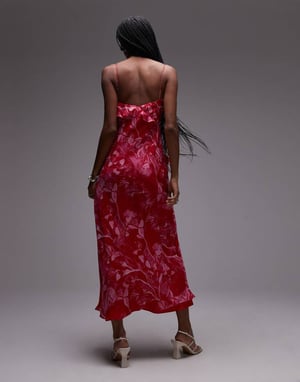 Topshop volang midi slipklänning i rosa abstrakt blommönster