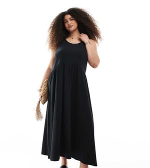 ASOS DESIGN Curve rynkad scoop smock midi klänning i svart