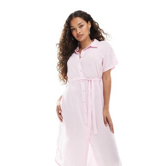 Vero Moda Petite skjortmidi-klänning med knytbälte i rosa
