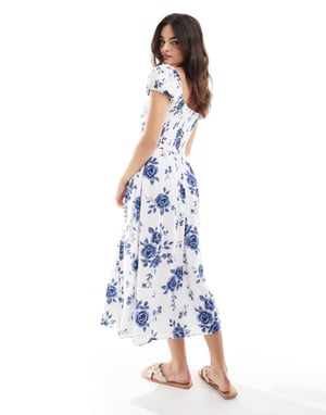 Hollister off shoulder sweetheart midaxi-klänning med hög slits i låret i blå blommor