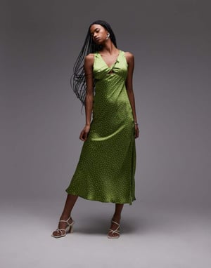 Topshop twist front midi klänning i olivgrön prickig
