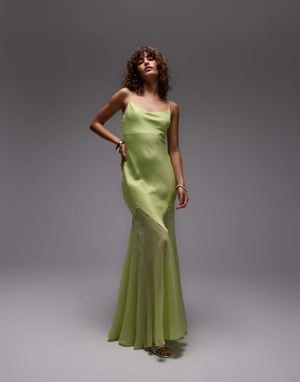 Topshop premium blandat tyg godet nederdel midi klänning i lime