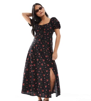 Miss Selfridge Petite spunnit te midaxi klänning i svart ros mönster