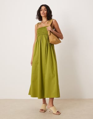 ASOS DESIGN volang byst bomullspoplin midiklänning i khaki