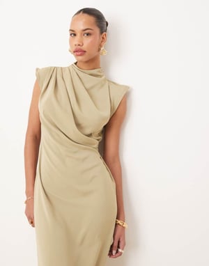 ASOS DESIGN höghalssärmid klänning utan ärmar med draperad hals i salviagrön