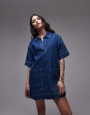 Topshop denim mini tröja kortärmad rugbyklänning ljusblå