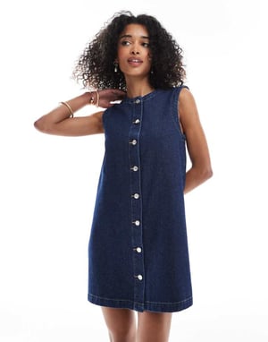 ASOS DESIGN trapezkjol i denim med knäppning i indigo