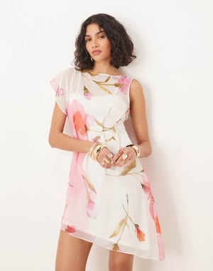 ASOS DESIGN asymmetrisk ärm midjeklänning i blommönster