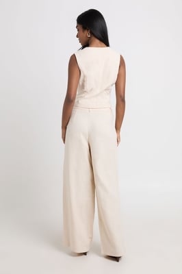 Linen Look Pleated Wide Leg Tailored Trousers