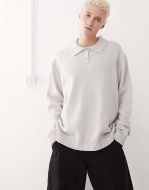 COLLUSION soft knitted long sleeve polo in grey