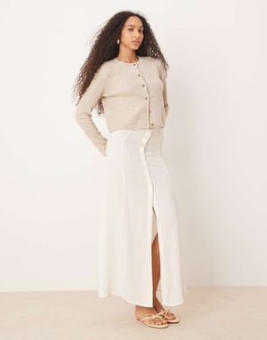 ASOS DESIGN linneblandning knäppning genom maxikjol i elfenben