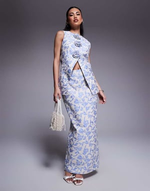 ASOS LUXE co-ord jacquard skräddarsydd maxikjol med sprund bak i gobelängblommor