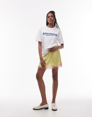 Topshop satinspets underkjol spetsminikjol i lime med blekrosa spets