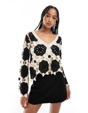 Object premium long sleeve crochet top in monochrome