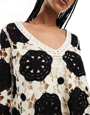 Object premium long sleeve crochet top in monochrome
