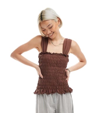 ASOS DESIGN wide strap shirred top in brown