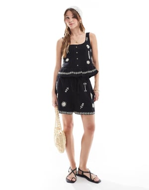 Object embroidered buttondown jersey top co-ord in black
