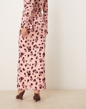ASOS DESIGN maxi low rise floral flocked sheer skirt co ord in pink