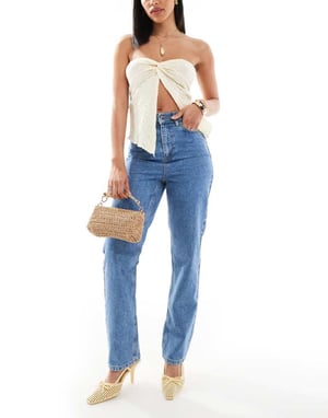 Miss Selfridge midwash jeans med elastisk midja och rak passform