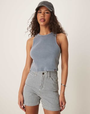 Dickies hickory randiga snickarshorts i marinblått