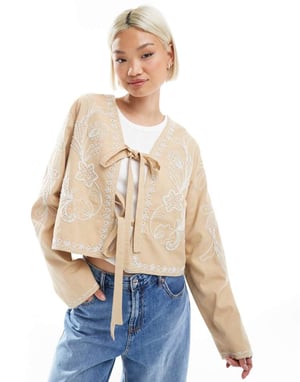 ASOS DESIGN embroidered bow front cropped jacket in stone