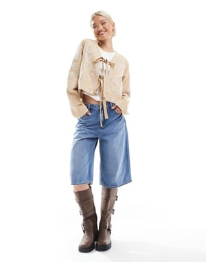 ASOS DESIGN embroidered bow front cropped jacket in stone