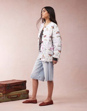 ASOS DESIGN dolphin hem collarless quilted jacket in handkerchief print