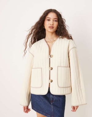 Selected quilted jacket in cream with pockets