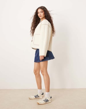 Selected quilted jacket in cream with pockets