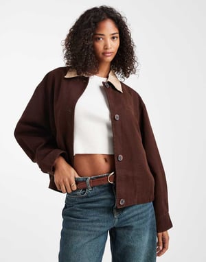 ASOS DESIGN bomber barn jacket with stone collar in chocolate