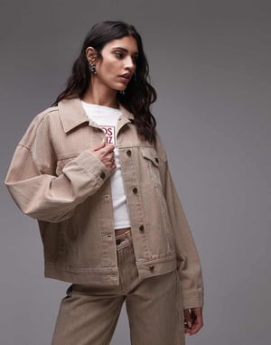 Topshop Balloon denim jacket in tan stripe