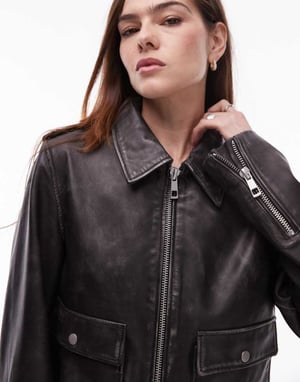 Topshop premium real leather zip through jacket in black