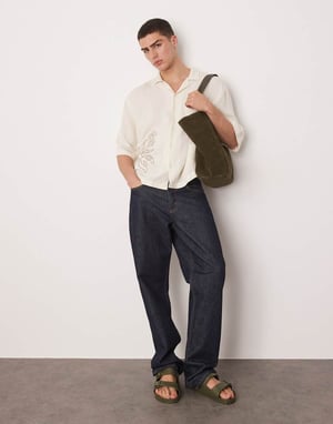 ASOS DESIGN oversized boxy linen look shirt with embroidery in beige