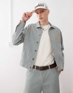New Era pinstripe denim jacket co-ord in multi