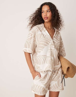 Vila boxy polo detail top co-ord in oversized tonal leaf print