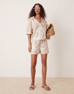 Vila boxy polo detail top co-ord in oversized tonal leaf print