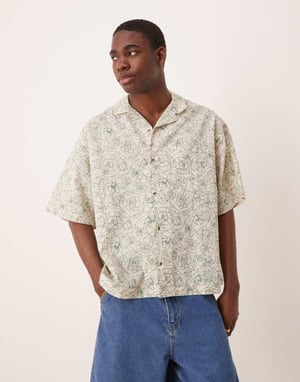 ASOS DESIGN boxig oversized skjorta i linnelook med blommönster i gräddfärg