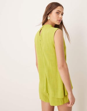 ASOS DESIGN linen double layer neck tie detail playsuit in lime green