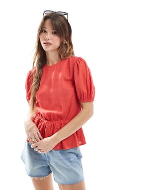 ASOS DESIGN linneblandning peplumtop med puffärmar i röd