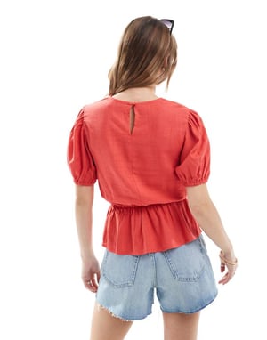ASOS DESIGN linneblandning peplumtop med puffärmar i röd