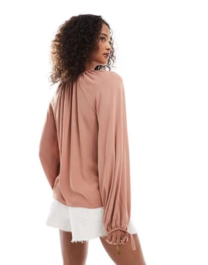 Miss Selfridge knyt-fram bollärmad boho-blus i choklad